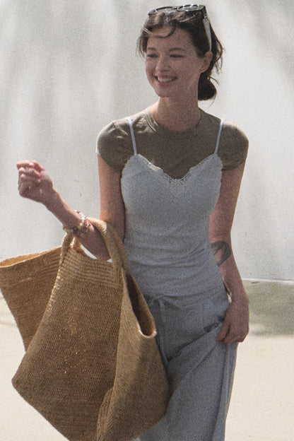 Lace-Up Top &amp; Wide Leg Pants Set-Up