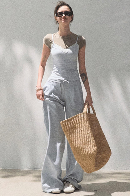 Lace-Up Top &amp; Wide Leg Pants Set-Up