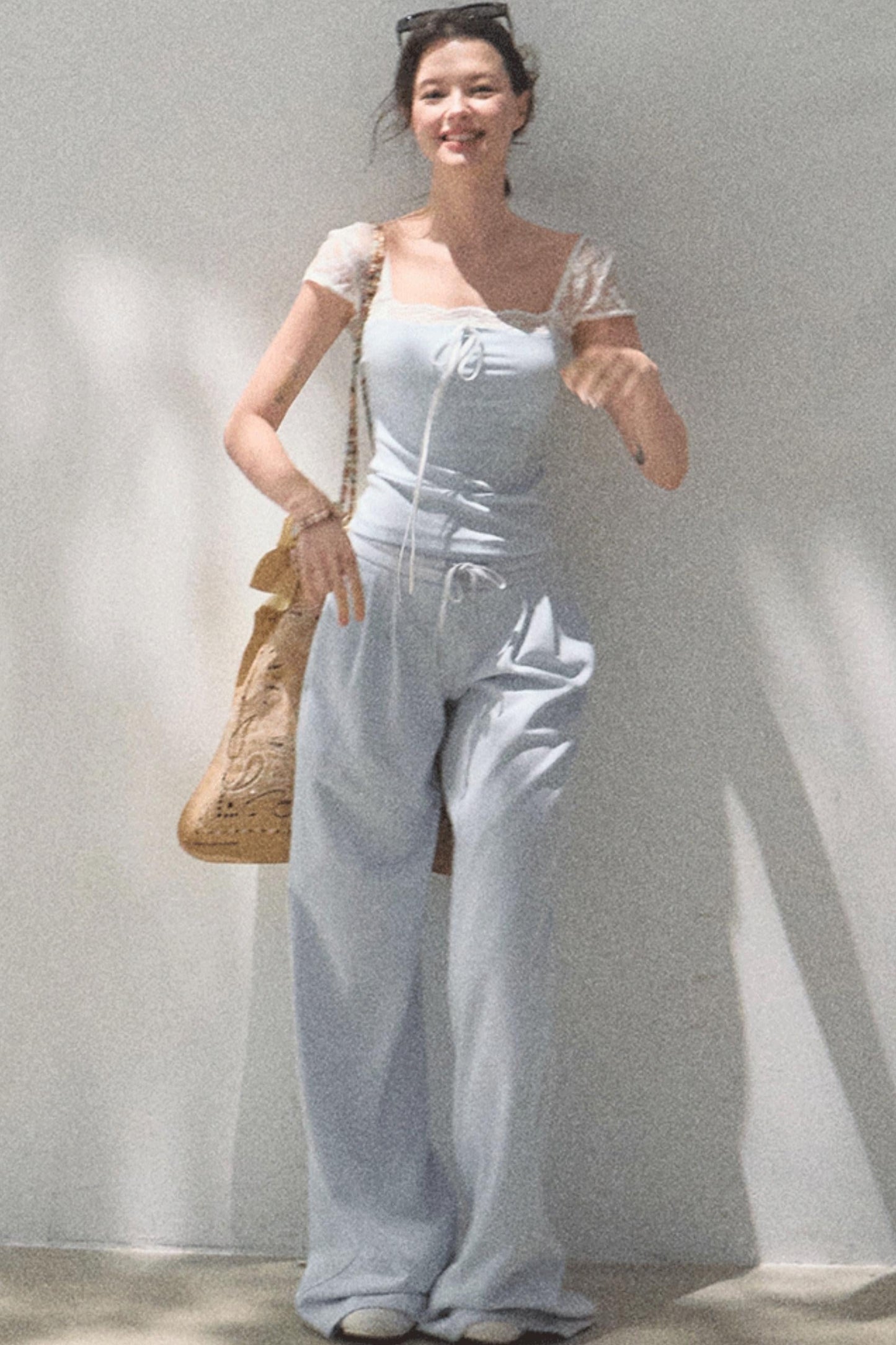 Lace-Up Top &amp; Wide Leg Pants Set-Up