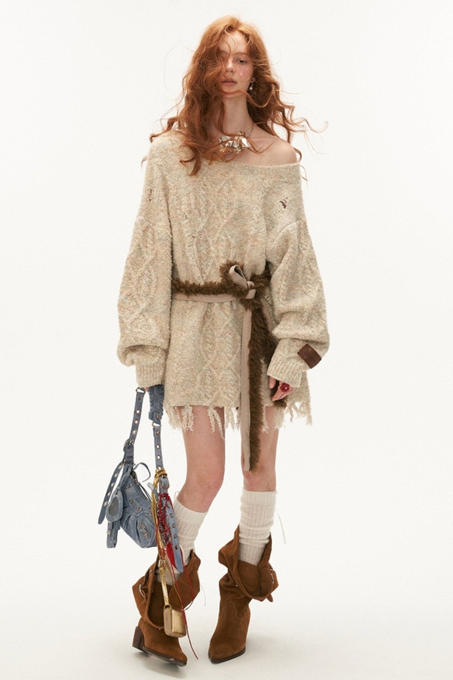 Fringed Knit Belted Layer Dress