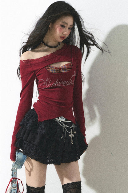 Red Lace One-Shoulder Top