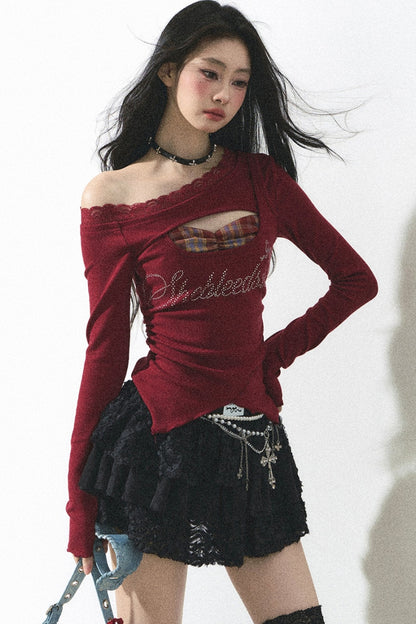 Red Lace One-Shoulder Top