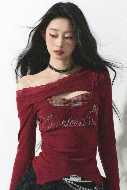 Red Lace One-Shoulder Top