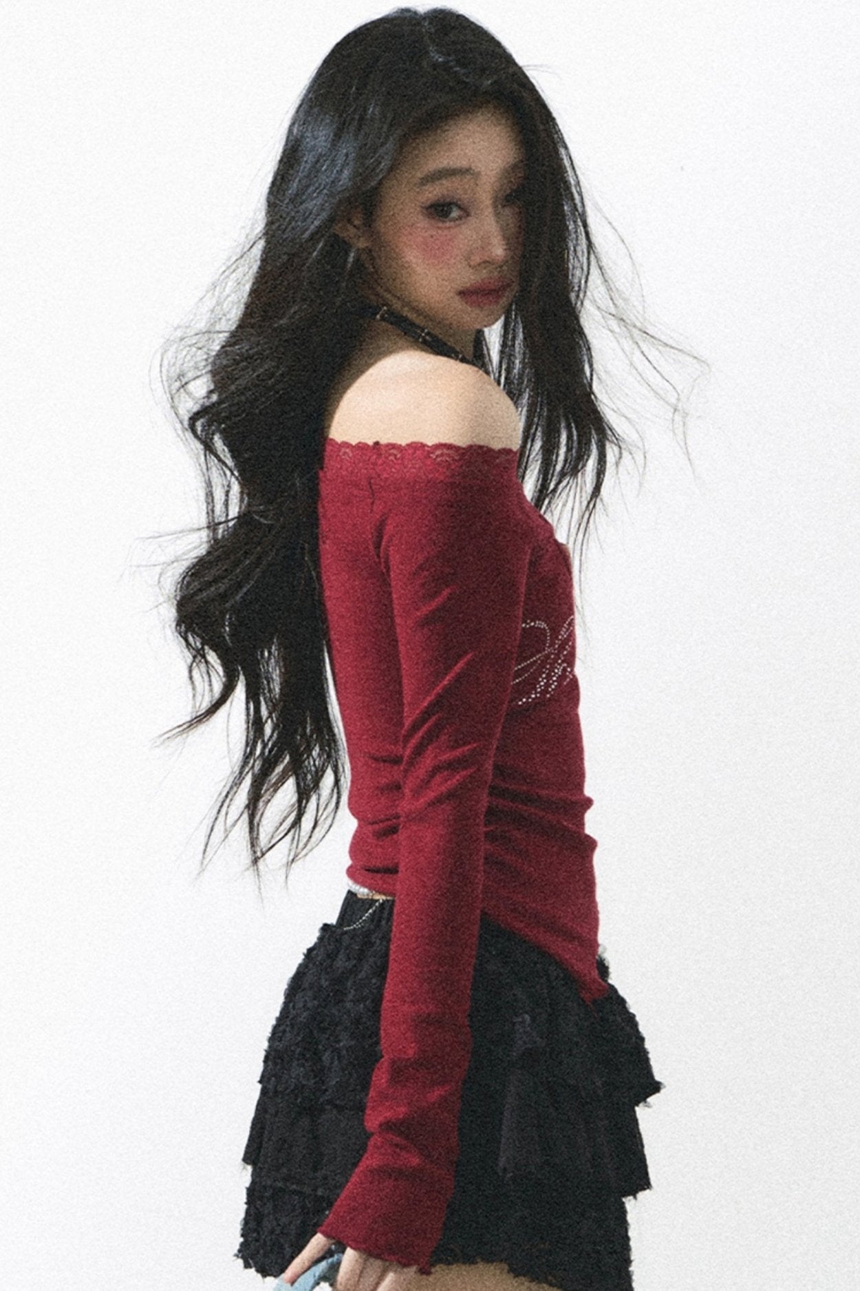 Red Lace One-Shoulder Top