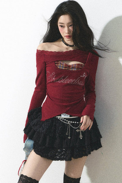 Red Lace One-Shoulder Top