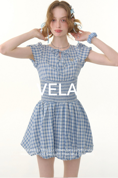 Blue Plaid Puff Sleeve Dress