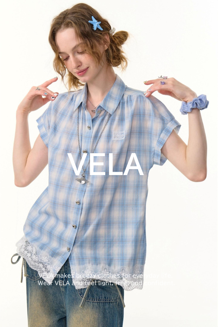 Vintage Blue Plaid Lace Trim Top