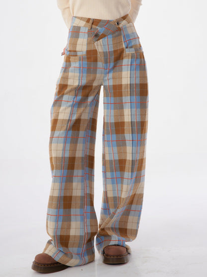 vintage check blue brown pants