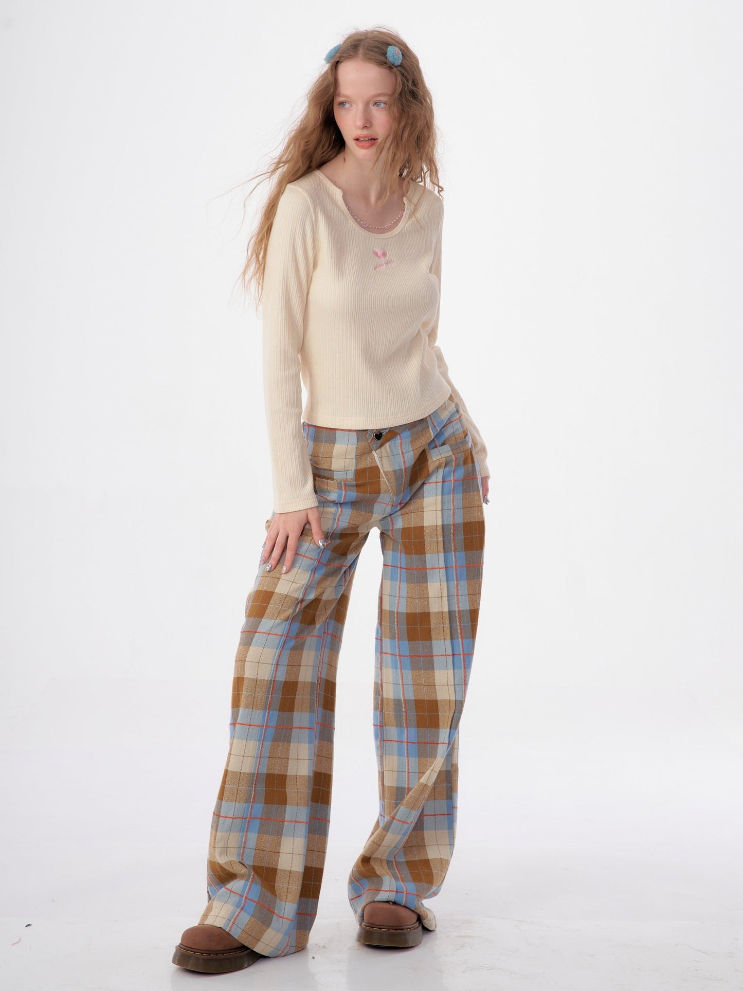 vintage check blue brown pants