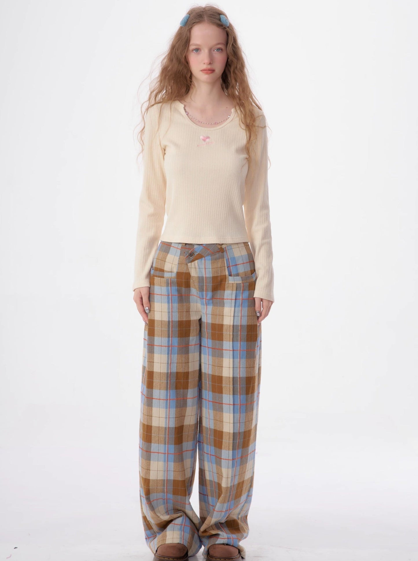 vintage check blue brown pants