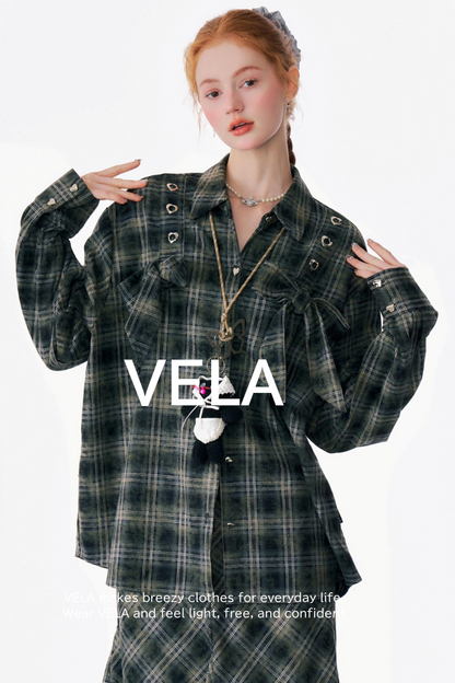 Bow-Knot Plaid Oversized Shirt