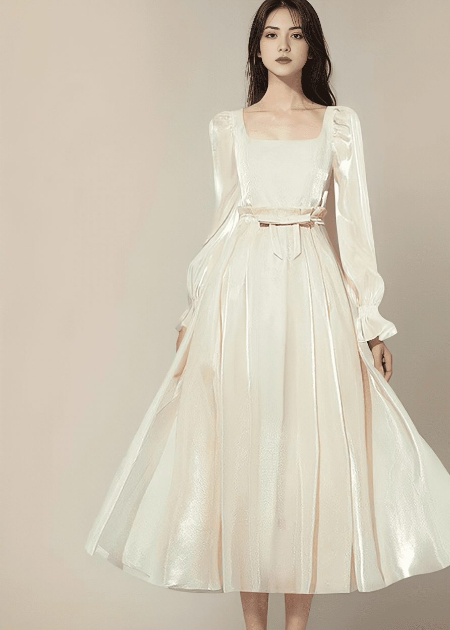 Shiny Satin Ribbon-Belt Flared Dress