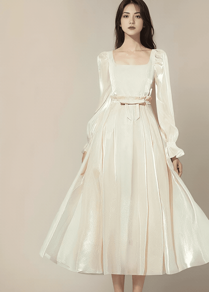 Shiny Satin Ribbon-Belt Flared Dress