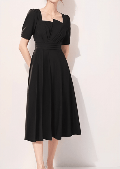 Asymmetric Puff-Sleeve Tucked Flared Dress