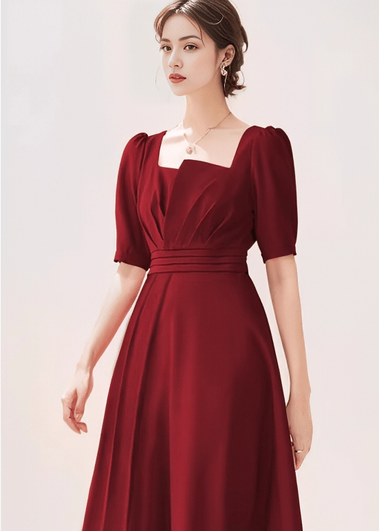Asymmetric Puff-Sleeve Tucked Flared Dress