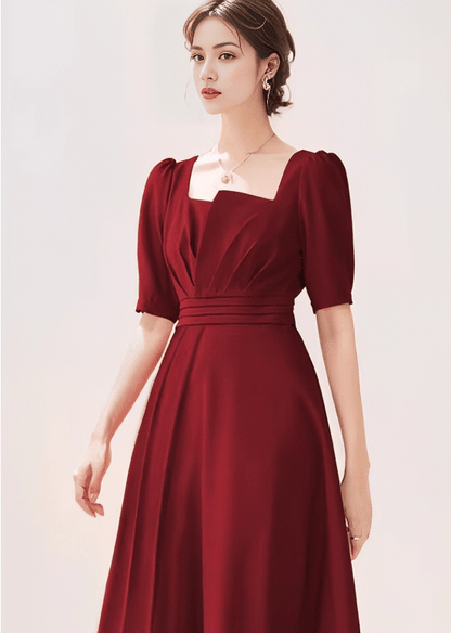 Asymmetric Puff-Sleeve Tucked Flared Dress