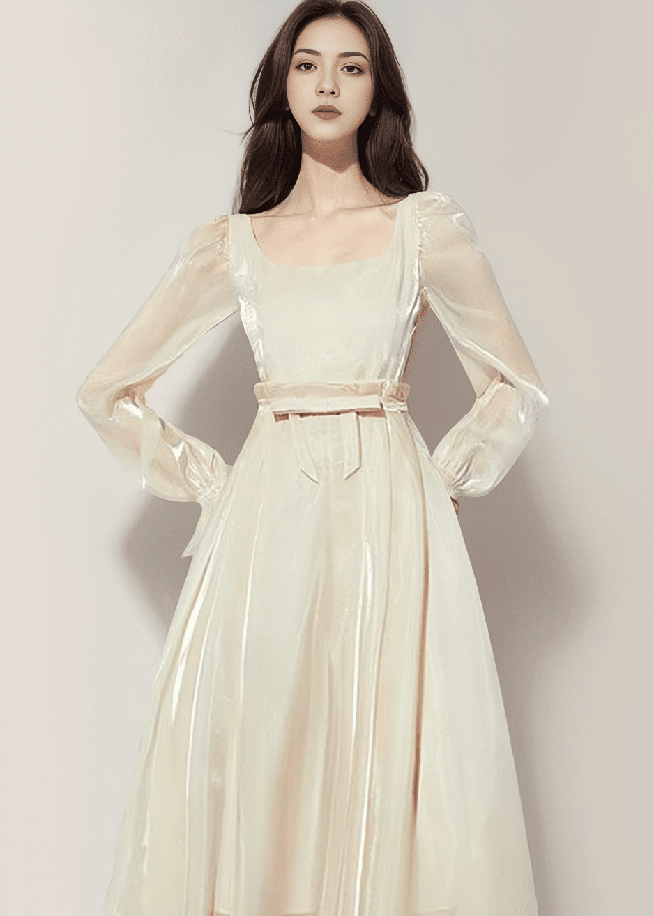 Shiny Satin Ribbon-Belt Flared Dress