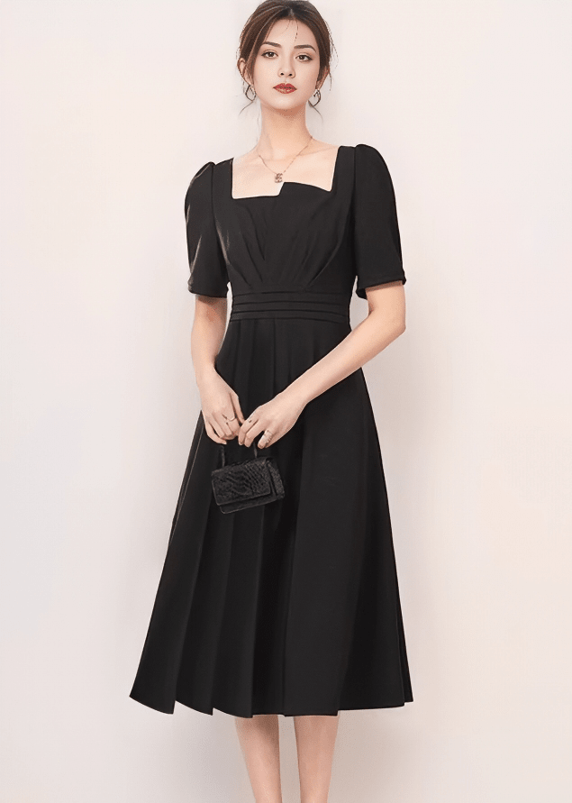 Asymmetric Puff-Sleeve Tucked Flared Dress