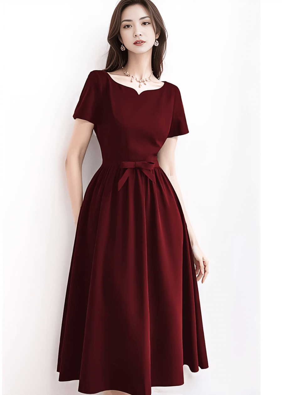 Notched Neck Waist-Tie Flare Dress