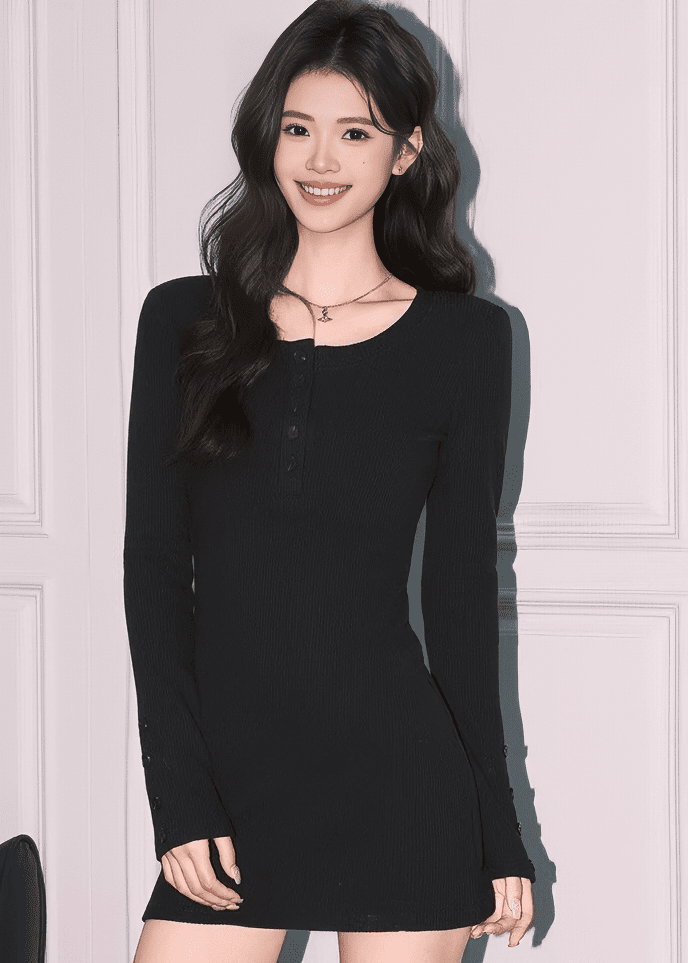 フロントボタン リブ ボディコン ミニドレス