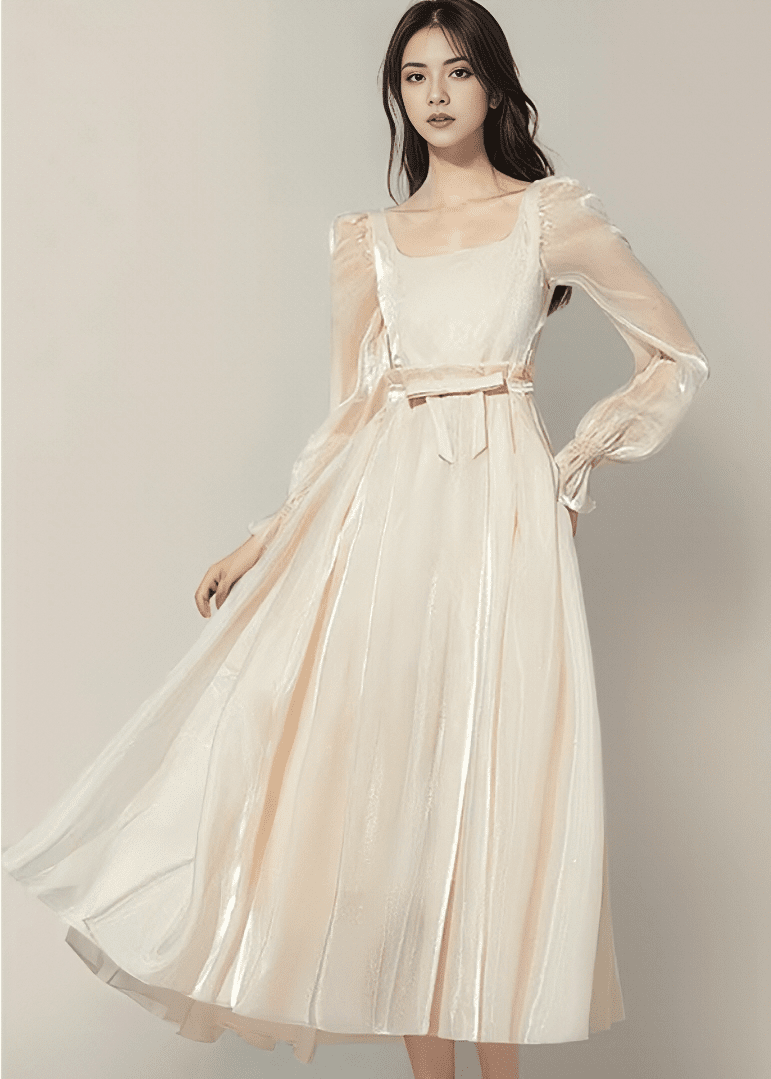 Shiny Satin Ribbon-Belt Flared Dress