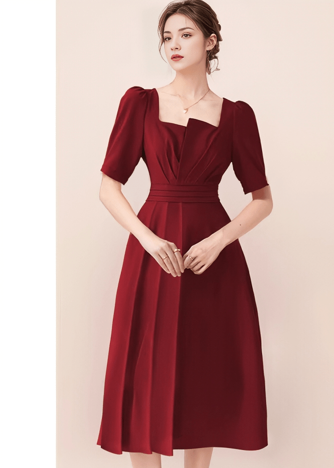 Asymmetric Puff-Sleeve Tucked Flared Dress