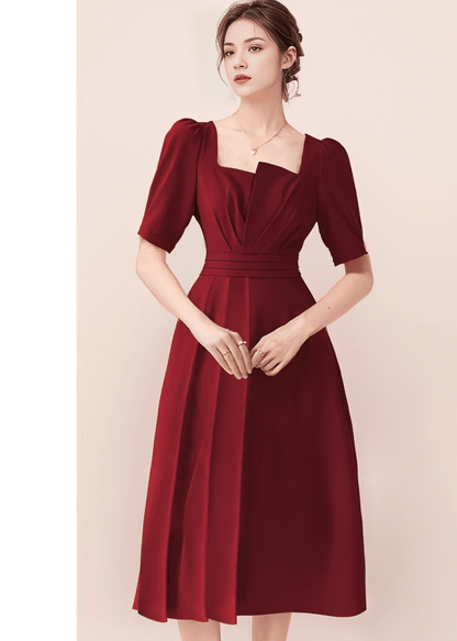 Asymmetric Puff-Sleeve Tucked Flared Dress