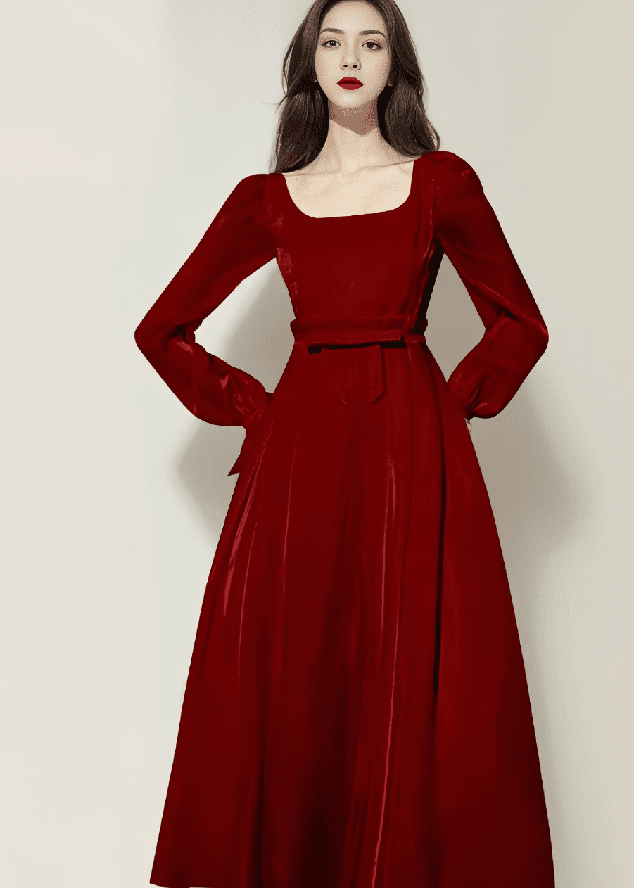 Shiny Satin Ribbon-Belt Flared Dress