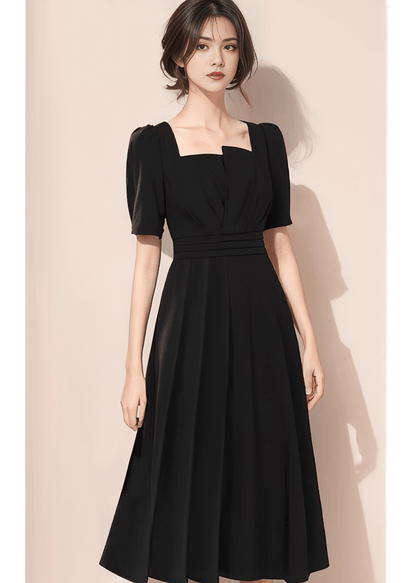 Asymmetric Puff-Sleeve Tucked Flared Dress