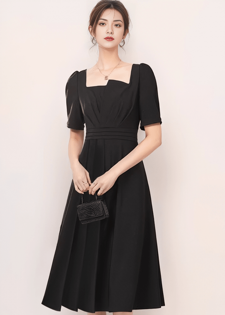 Asymmetric Puff-Sleeve Tucked Flared Dress