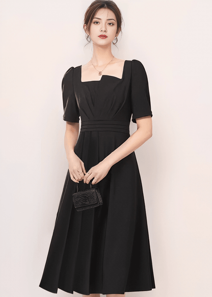 Asymmetric Puff-Sleeve Tucked Flared Dress