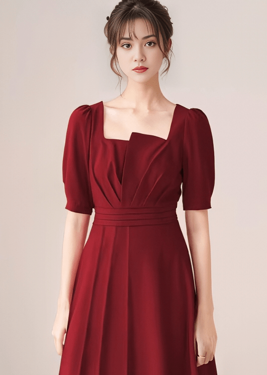 Asymmetric Puff-Sleeve Tucked Flared Dress