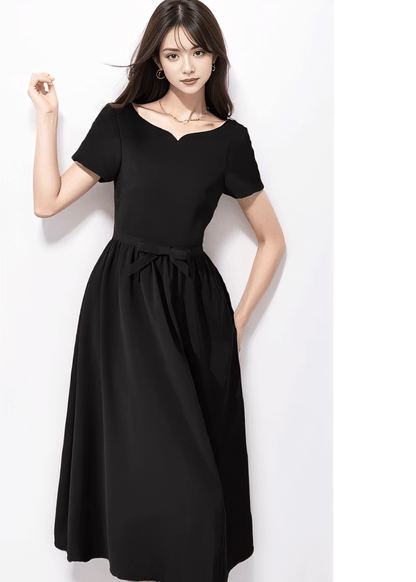 Notched Neck Waist-Tie Flare Dress
