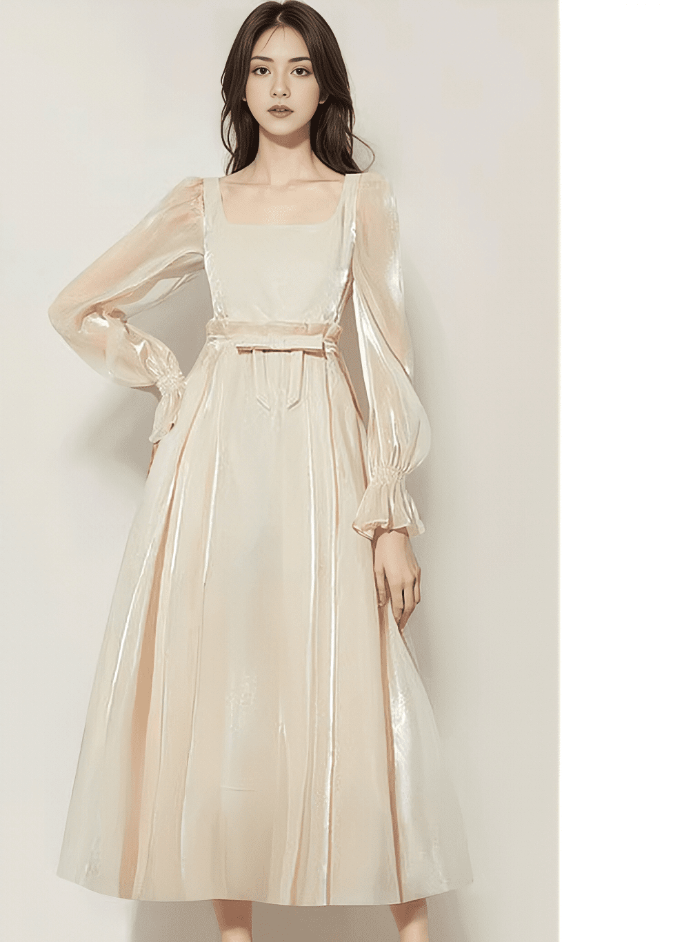 Shiny Satin Ribbon-Belt Flared Dress
