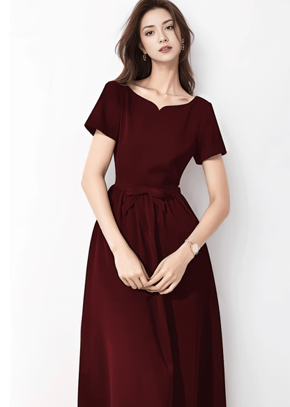 Notched Neck Waist-Tie Flare Dress