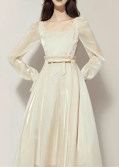 Shiny Satin Ribbon-Belt Flared Dress