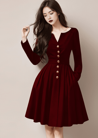 V-Neck Flare Dress with Gold Buttons