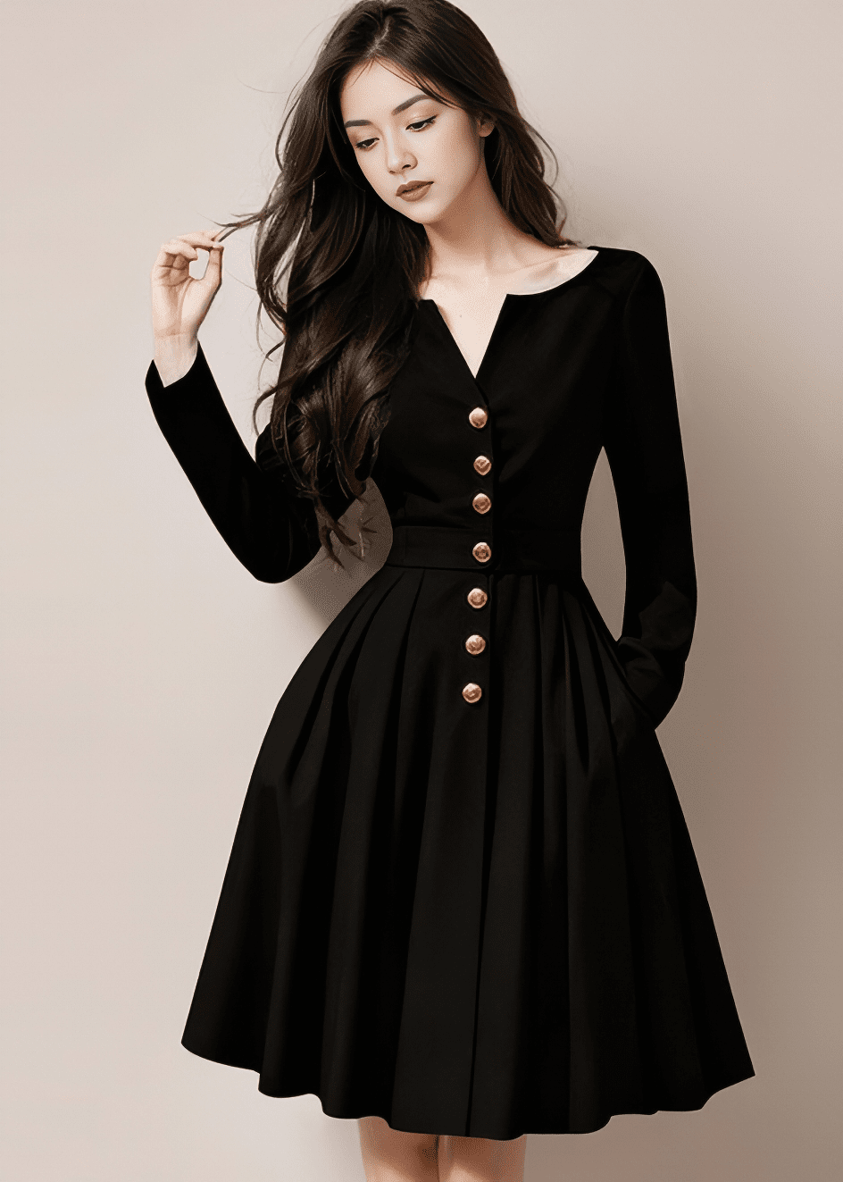 V-Neck Flare Dress with Gold Buttons