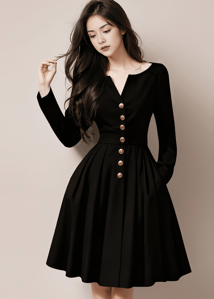 V-Neck Flare Dress with Gold Buttons