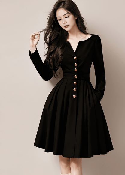 V-Neck Flare Dress with Gold Buttons