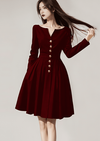 V-Neck Flare Dress with Gold Buttons