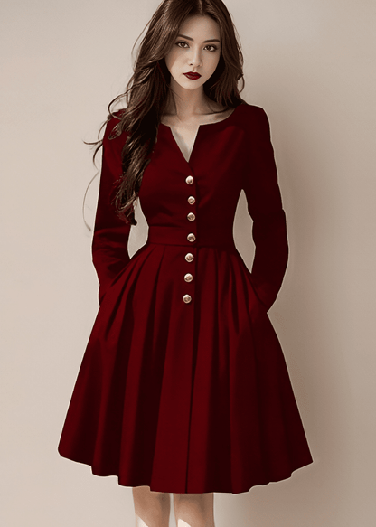 V-Neck Flare Dress with Gold Buttons