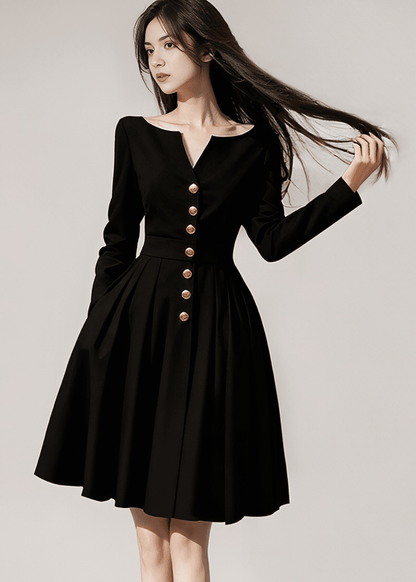 V-Neck Flare Dress with Gold Buttons