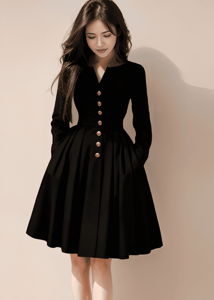 V-Neck Flare Dress with Gold Buttons